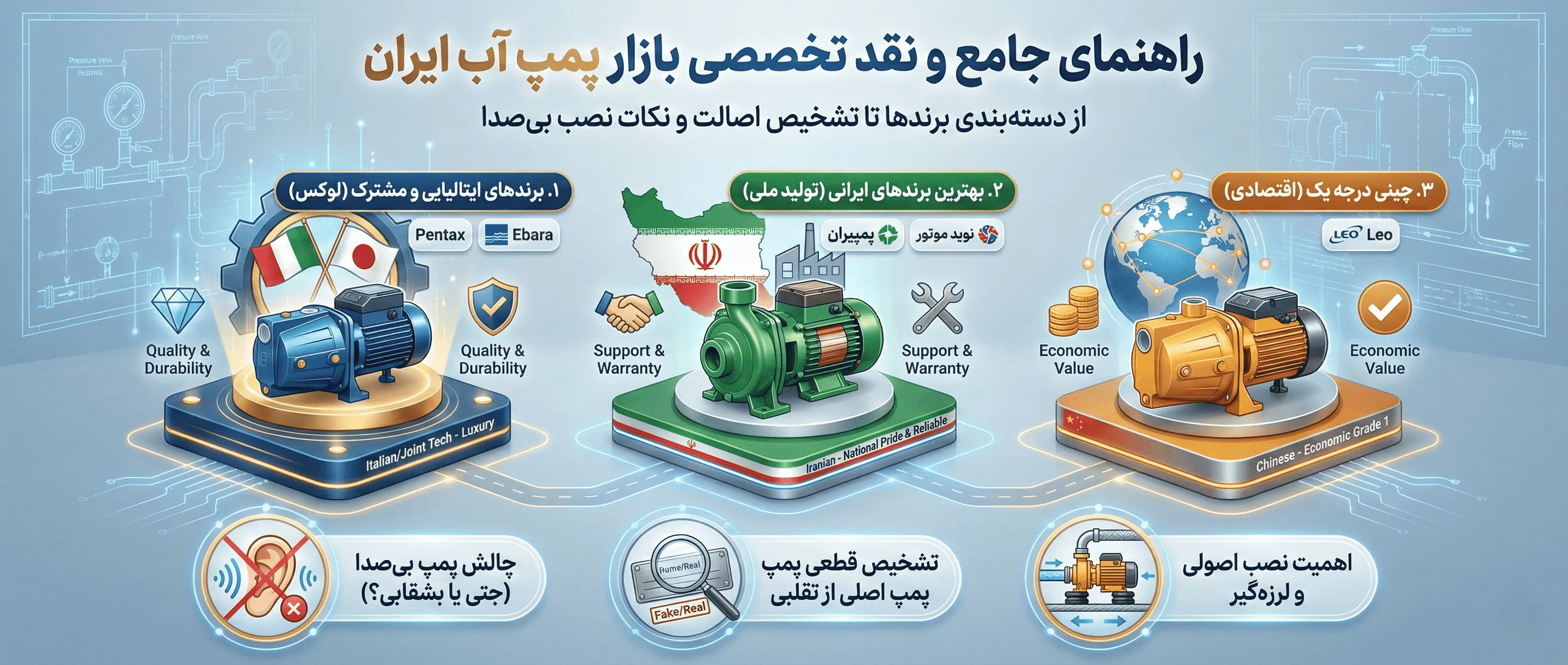 بهترین برندهای پمپ آب در ایران 1404؛ راهنمای خرید و تشخیص اصل از تقلبی